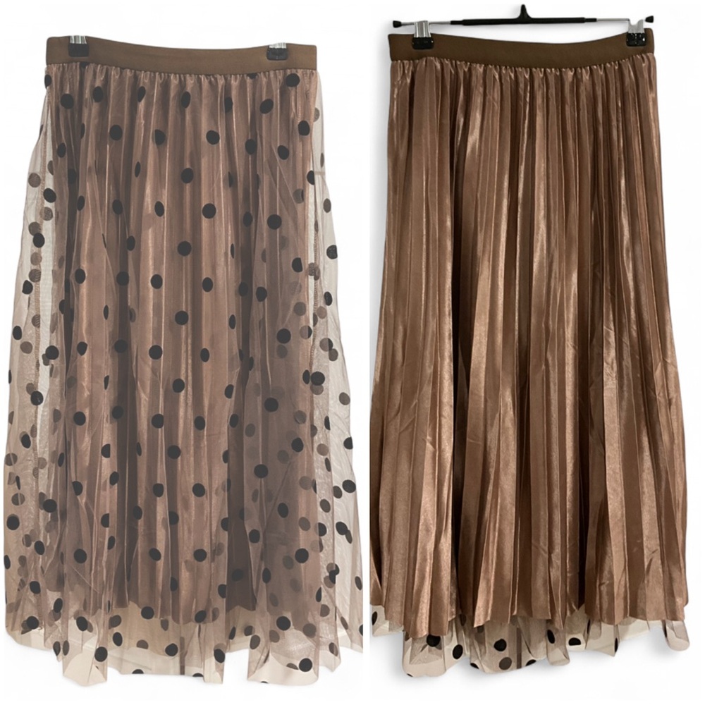 NWT EURO Mesh REVERSIBLE 2 in 1 Polka Dot Lace Flocking Swing A-line Midi Skirt - Picture 4 of 8